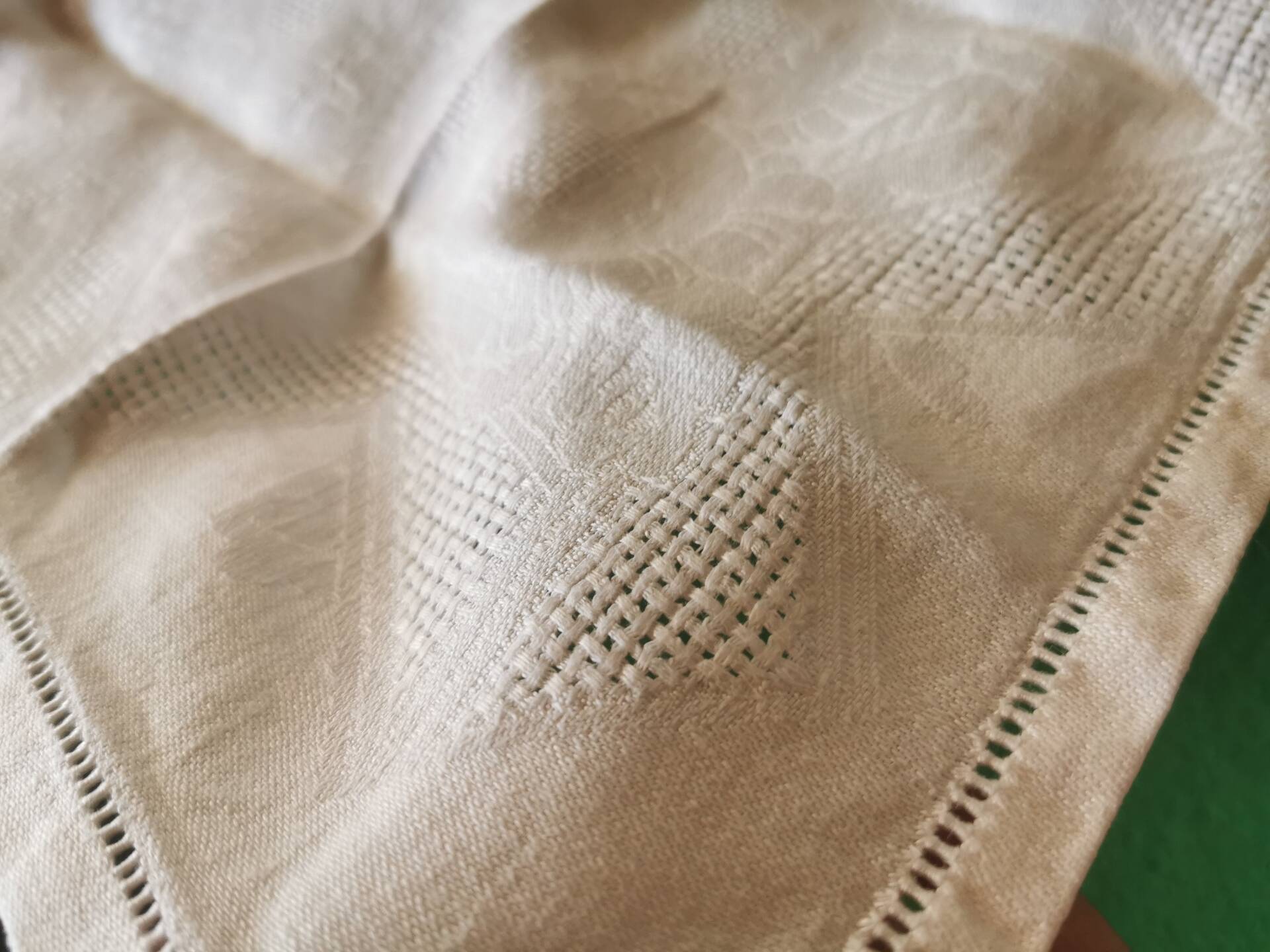 Set of 16 table napkins and an old floral damask tablecloth.