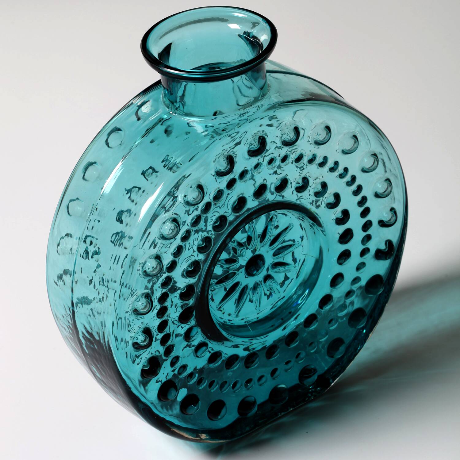 Vintage Teal Blue Glass Vase: Mid-Century Modern Sunburst Design / 1969