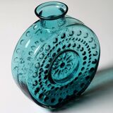 Vintage Teal Blue Glass Vase: Mid-Century Modern Sunburst Design / 1969
