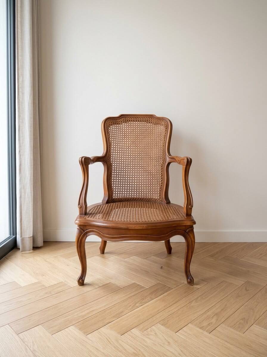 Low Louis XV armchair in wood and cane