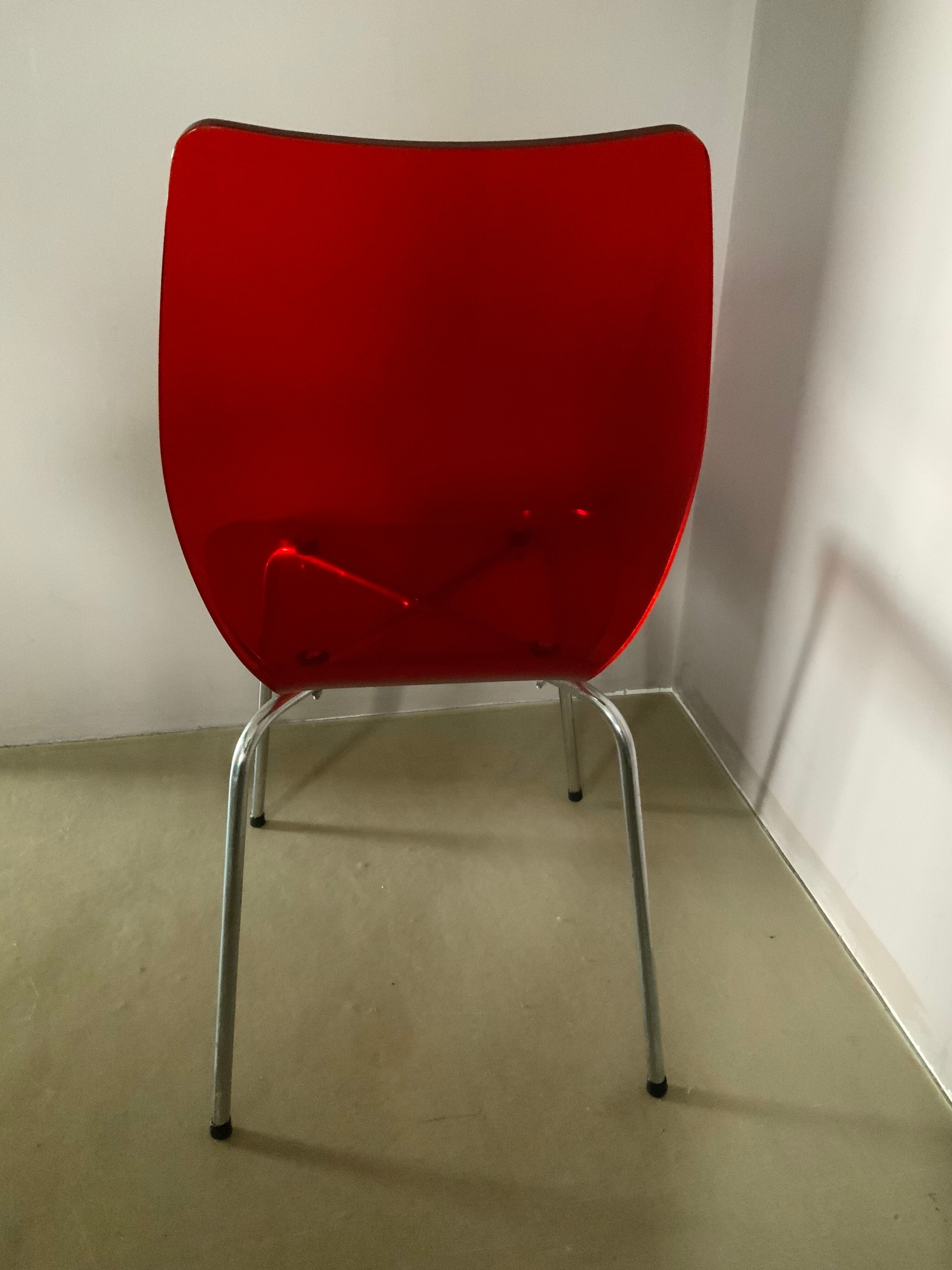 Vintage red acrylic chair, 60s 70s design, chrome metal plexiglass