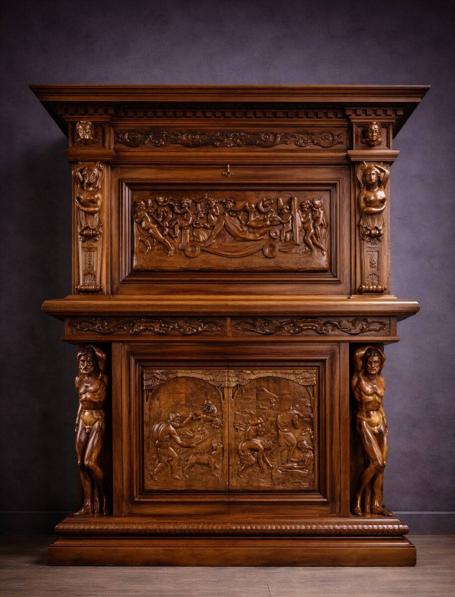 Antique solid wood furniture richly carved, in Renaissance style.