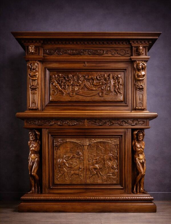 Meuble ancien en bois massif richement sculpté, de style Renaissance