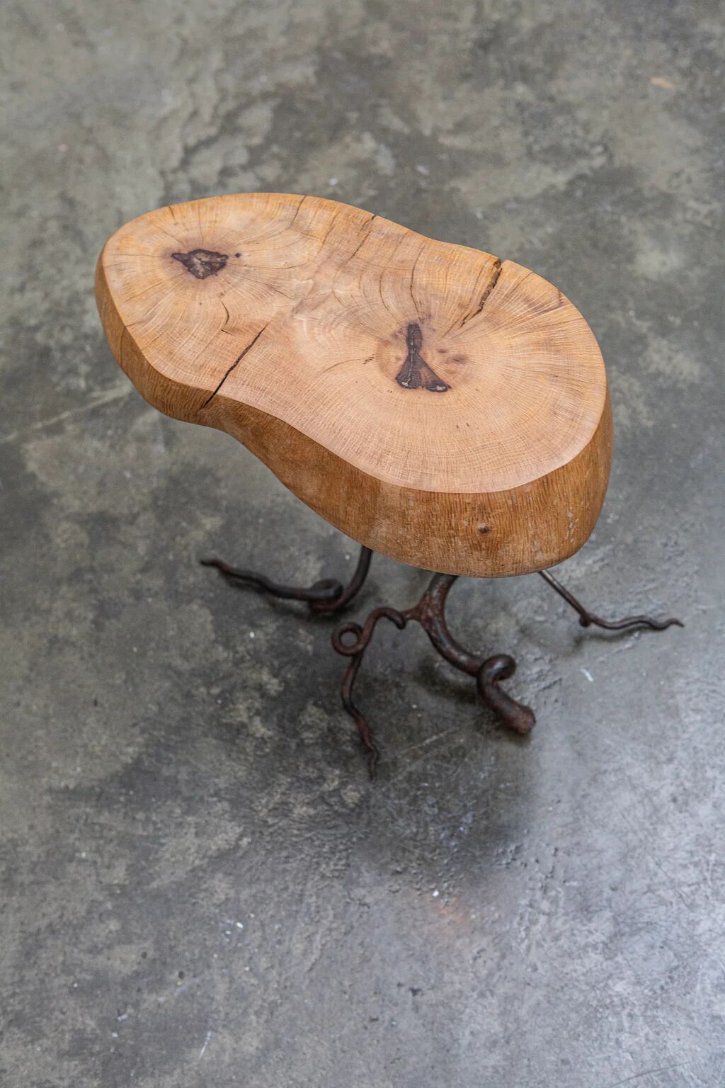Brutalist artisanal wrought iron and slab wood side table