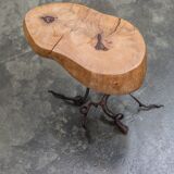 Brutalist artisanal wrought iron and slab wood side table