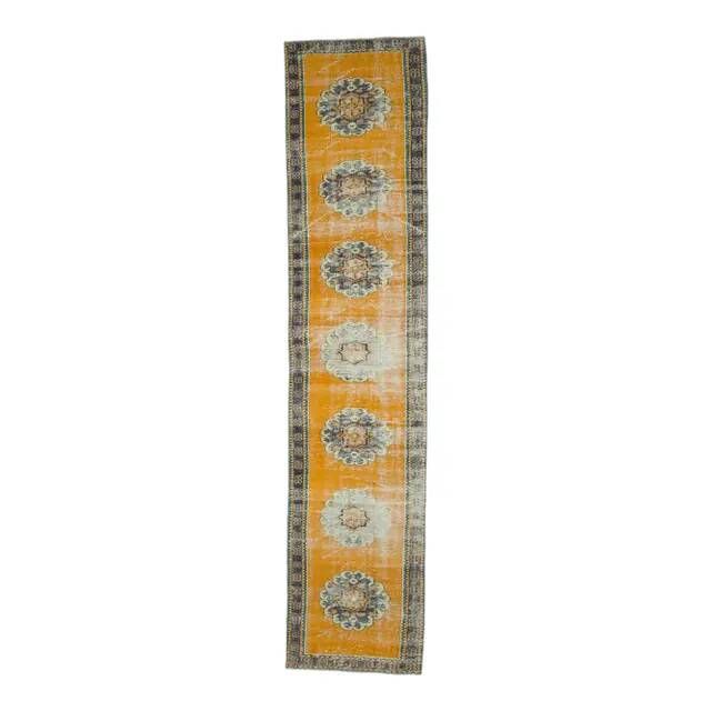 Vintage Turkish Oushak handmade wool cotton orange runner rug 74x350