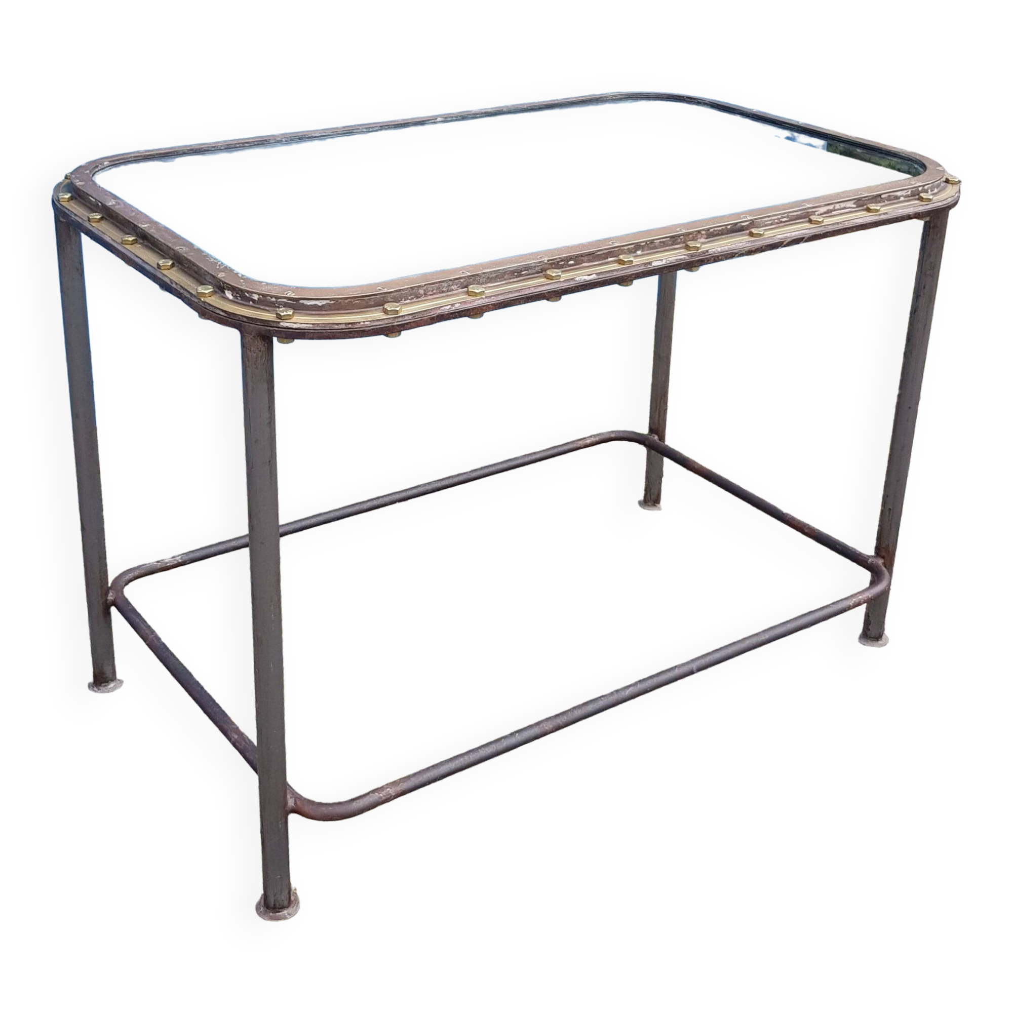 Table with an old ship porthole in brass and a metal base / 110 x 70 x 76 cm