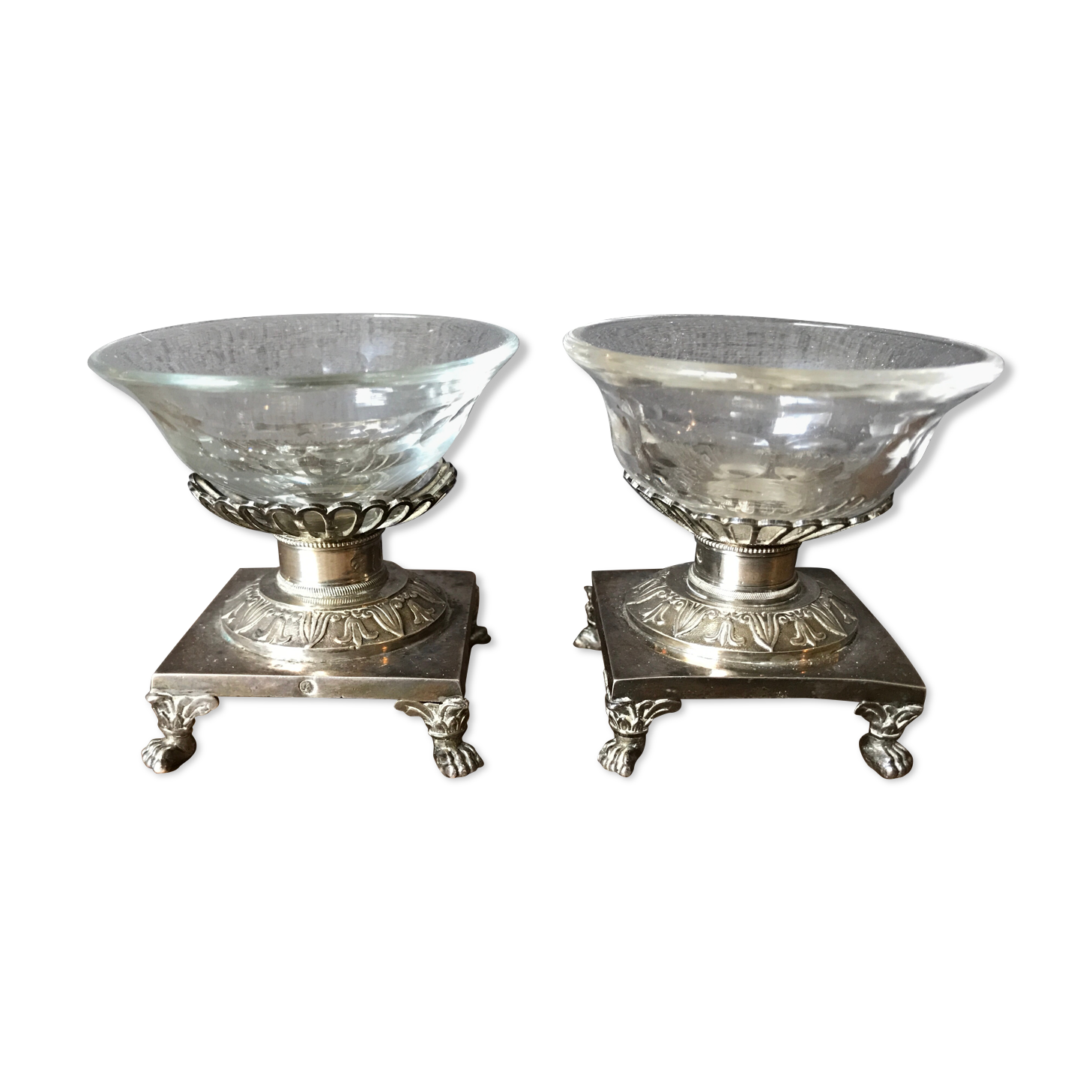 Pair of salt pans, solid silver salt shakers and Crystal Hallmark Rooster XIX