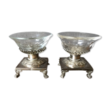 Pair of salt pans, solid silver salt shakers and Crystal Hallmark Rooster XIX