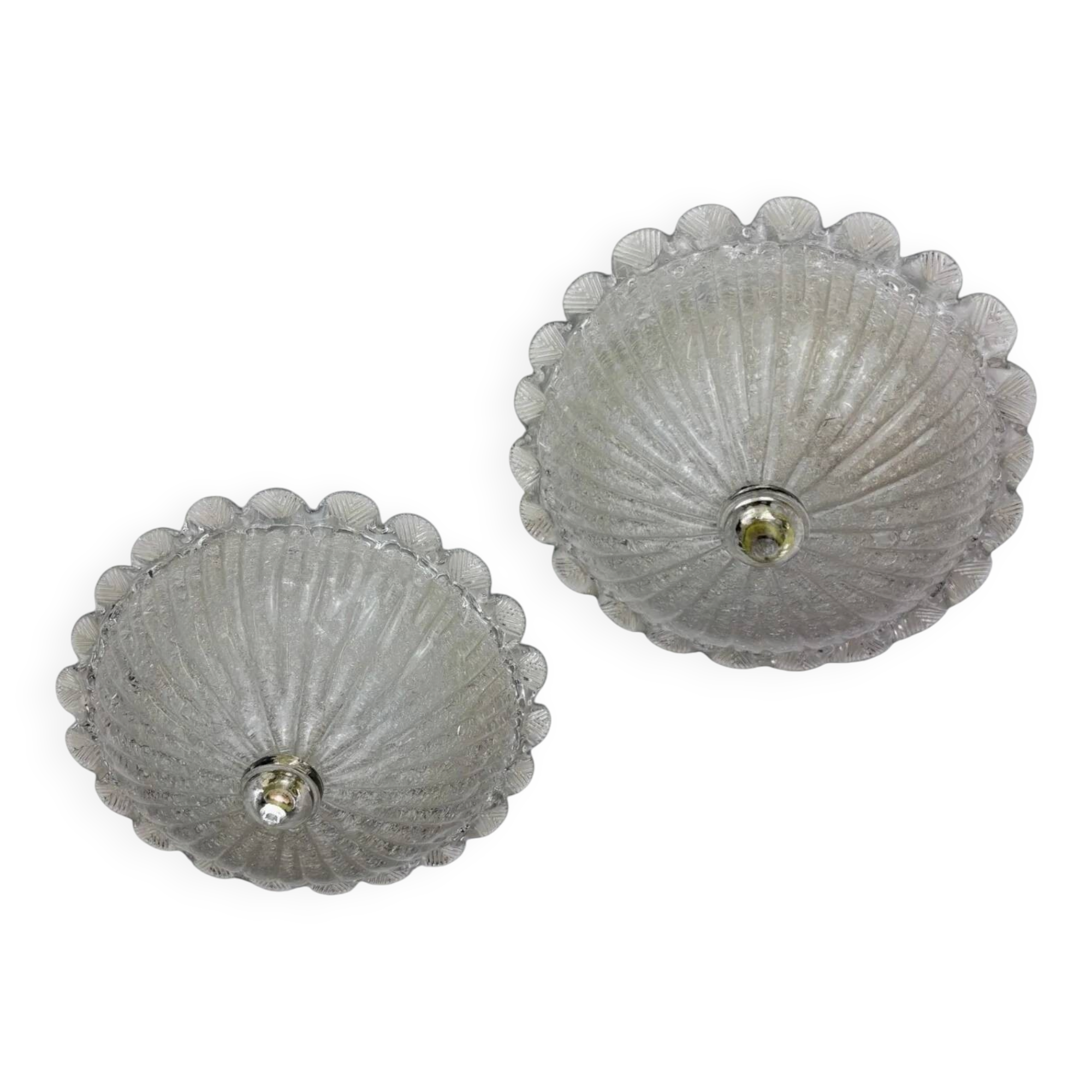 Pair of Murano glass scalloped flushmount ceiling lights, Italy 1960s