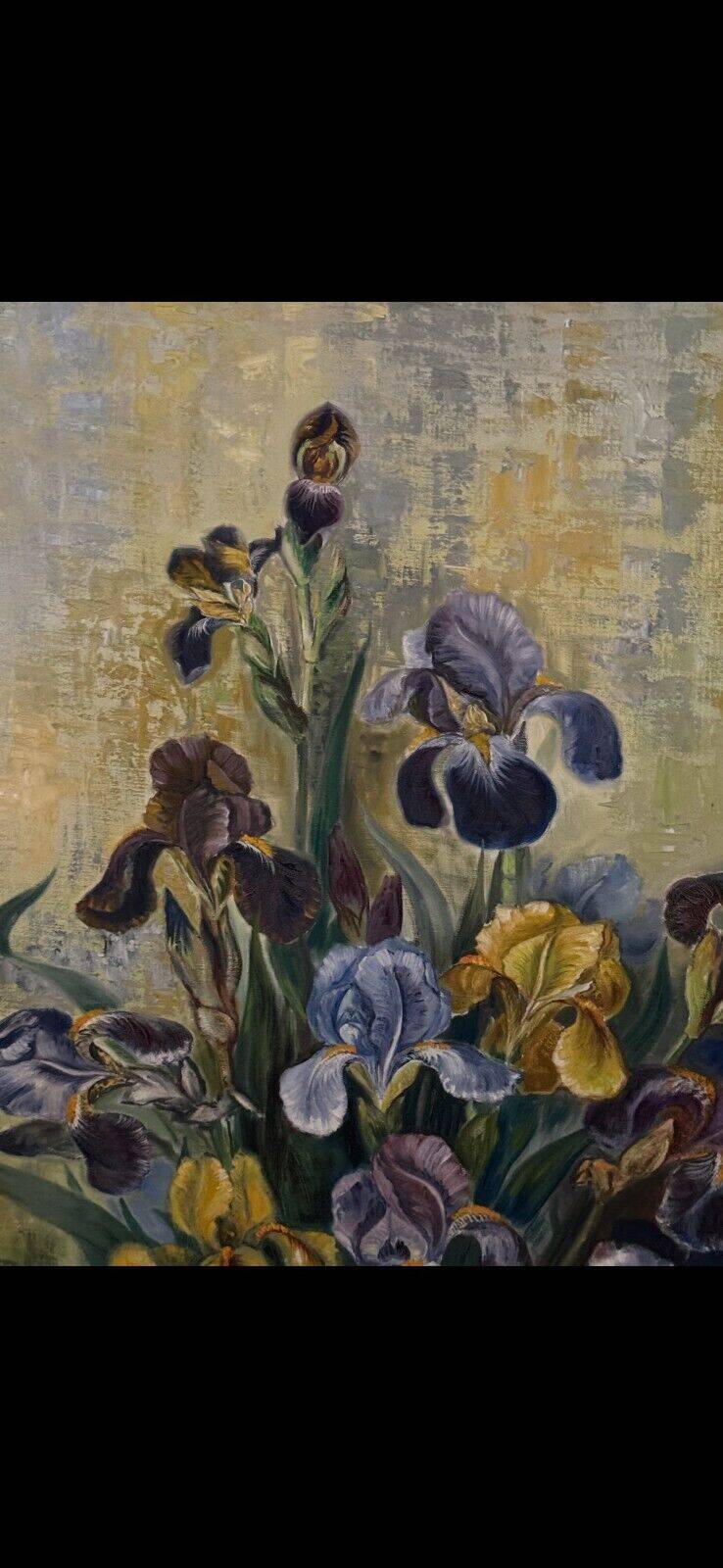 Huile sur toile par Picquet nature morte bouquet d'iris XXe
