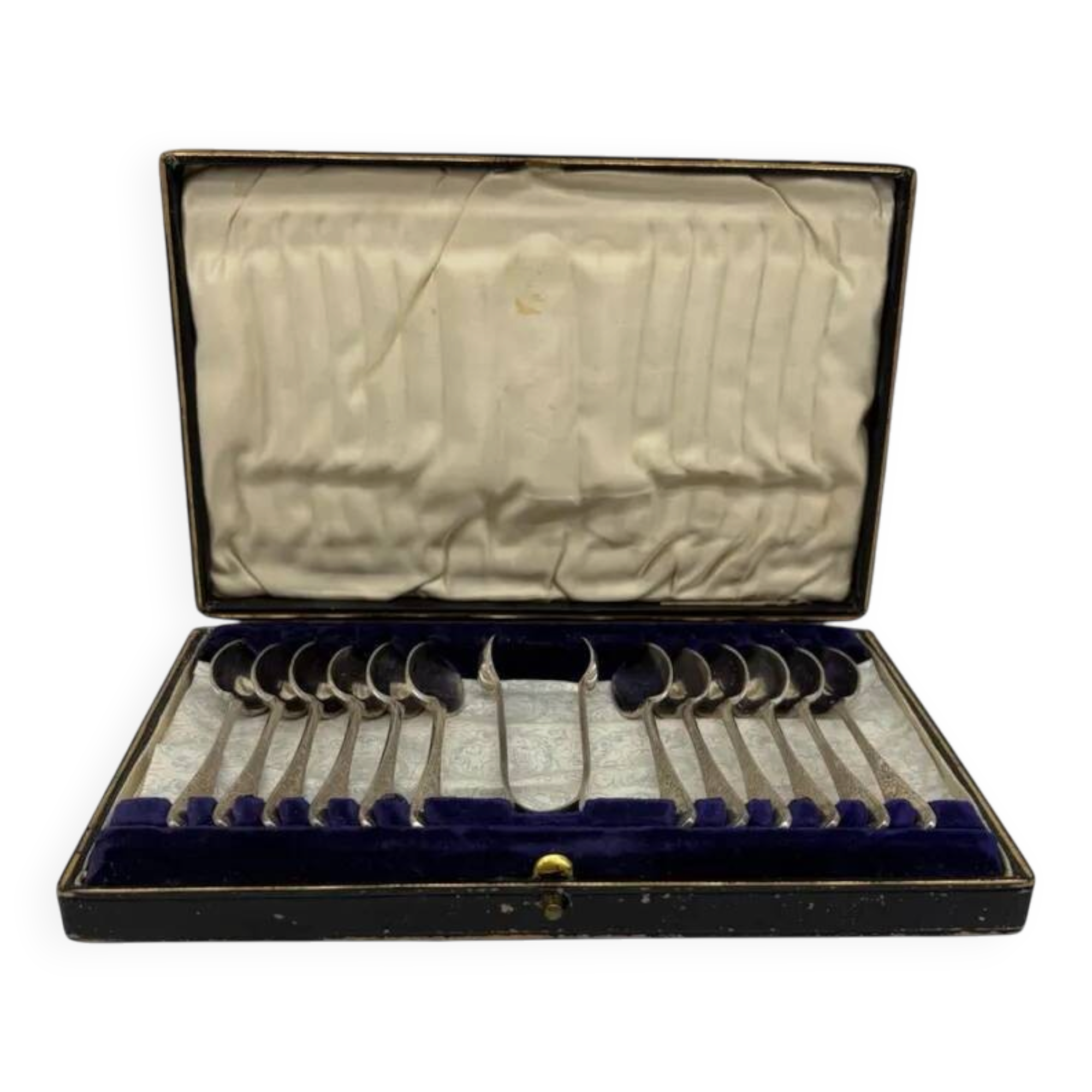Service of 12 silver-plated metal coffee spoons with tongs and box from around 1900.