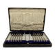 Service of 12 silver-plated metal coffee spoons with tongs and box from around 1900.