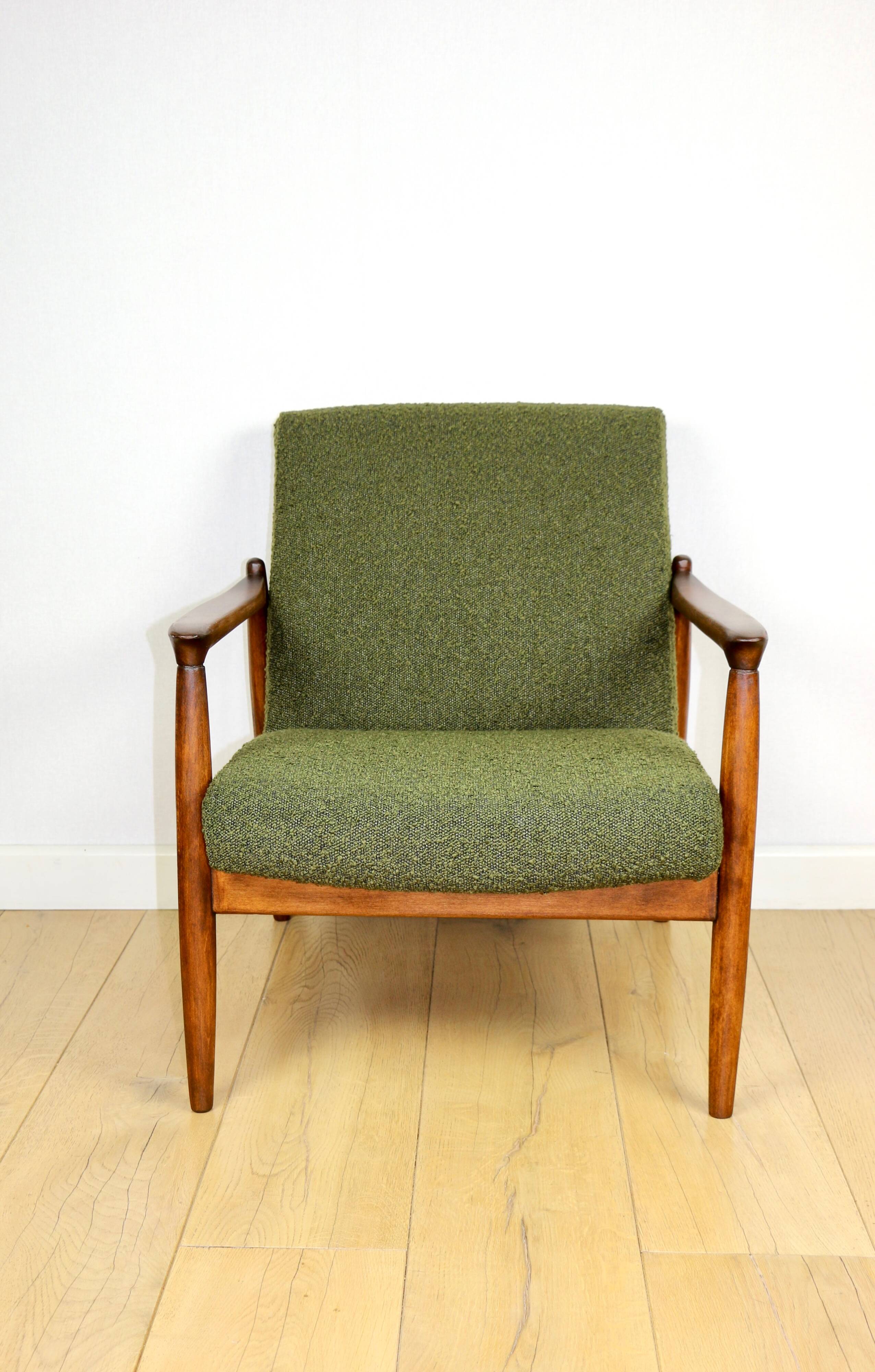 GFM-64 armchair, design by Edmund Homa from the 60s, olive green boucle - 2 pieces available