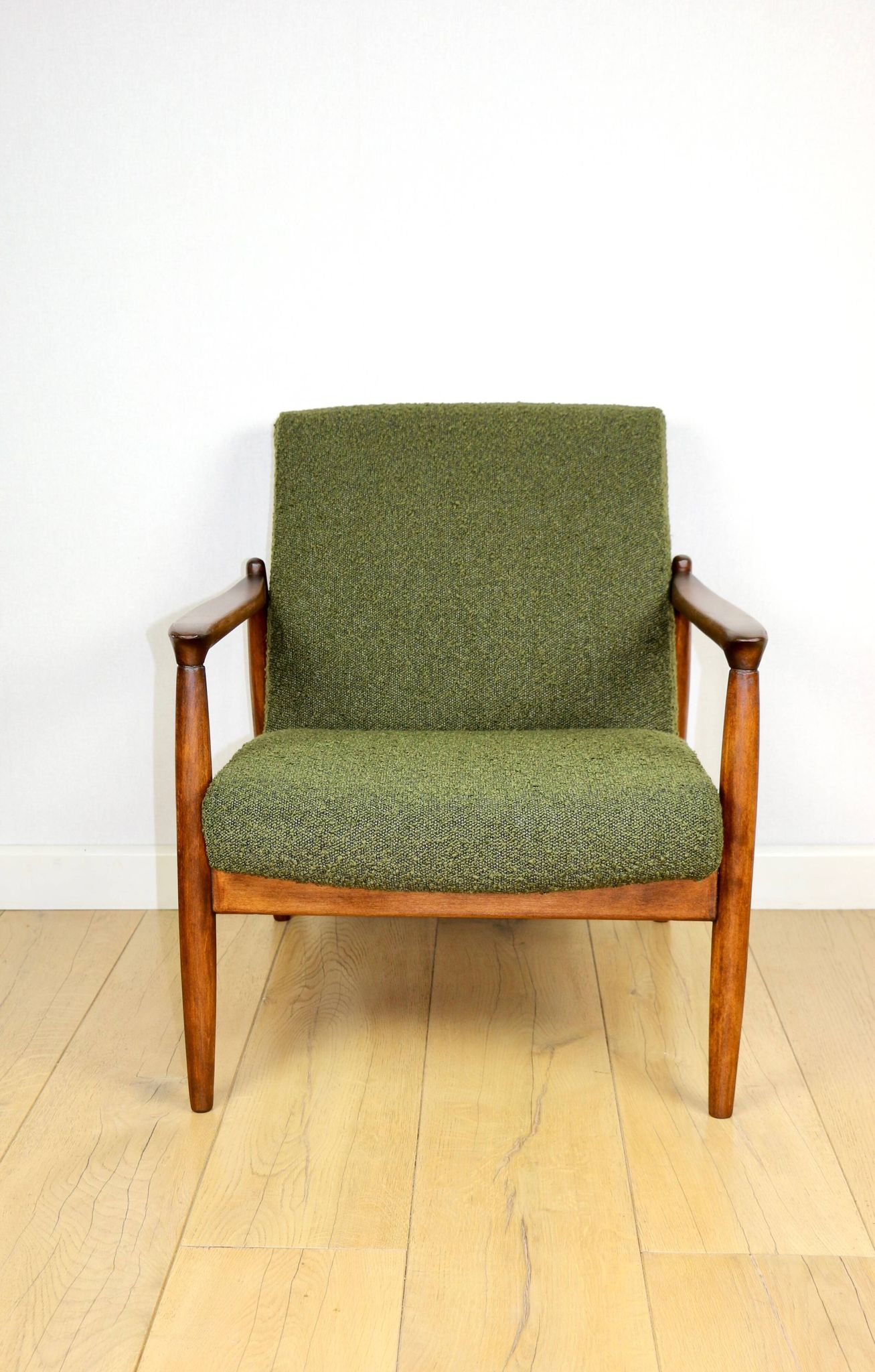 GFM-64 armchair, design by Edmund Homa from the 60s, olive green boucle - 2 pieces available