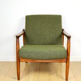 GFM-64 armchair, design by Edmund Homa from the 60s, olive green boucle - 2 pieces available