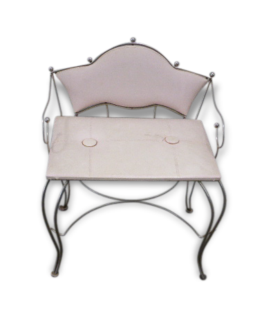 Vintage 1960s children's bench chair in gilded wrought iron and pale pink leatherette