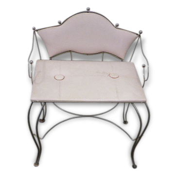 Fauteuil banquette en fer forgé doré et skai en rose pale pour enfants vintage 1960