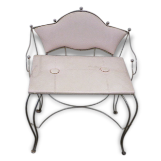 Chair bench in gilded wrought iron and skai in pink pale childrens vintage 1960