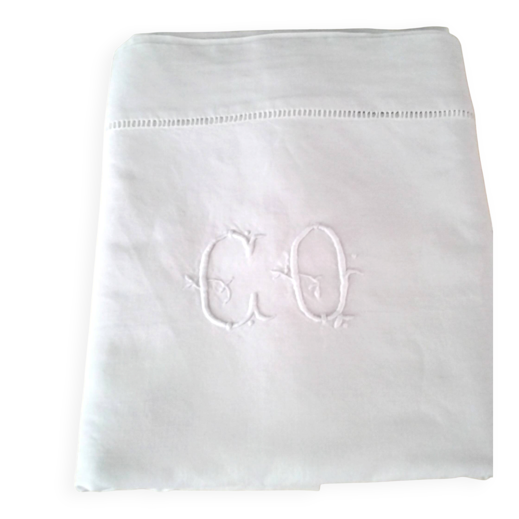Drap de dessus en coton blanc monogrammé "CQ" 2 x 3 m