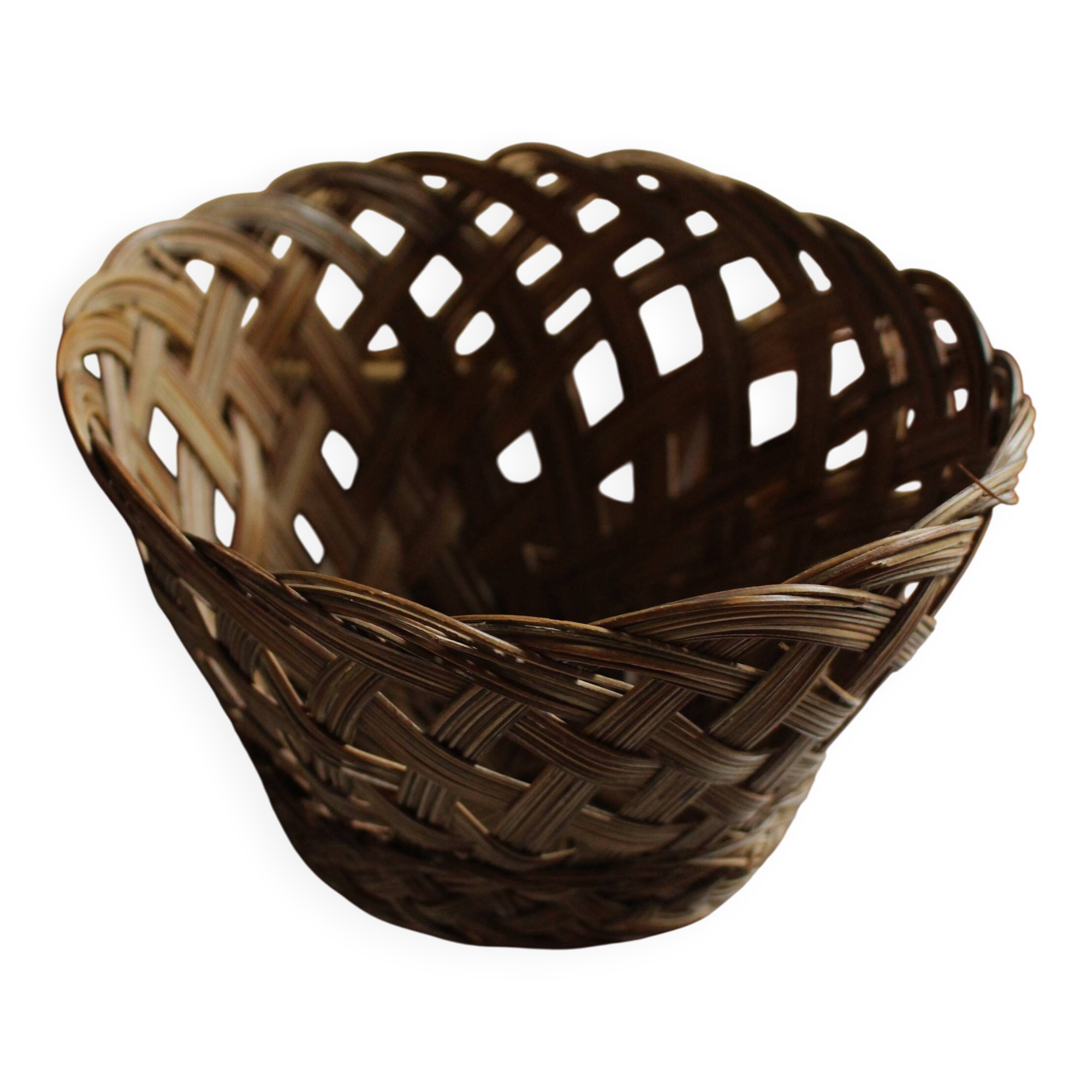 Small tall vintage openwork wicker basket