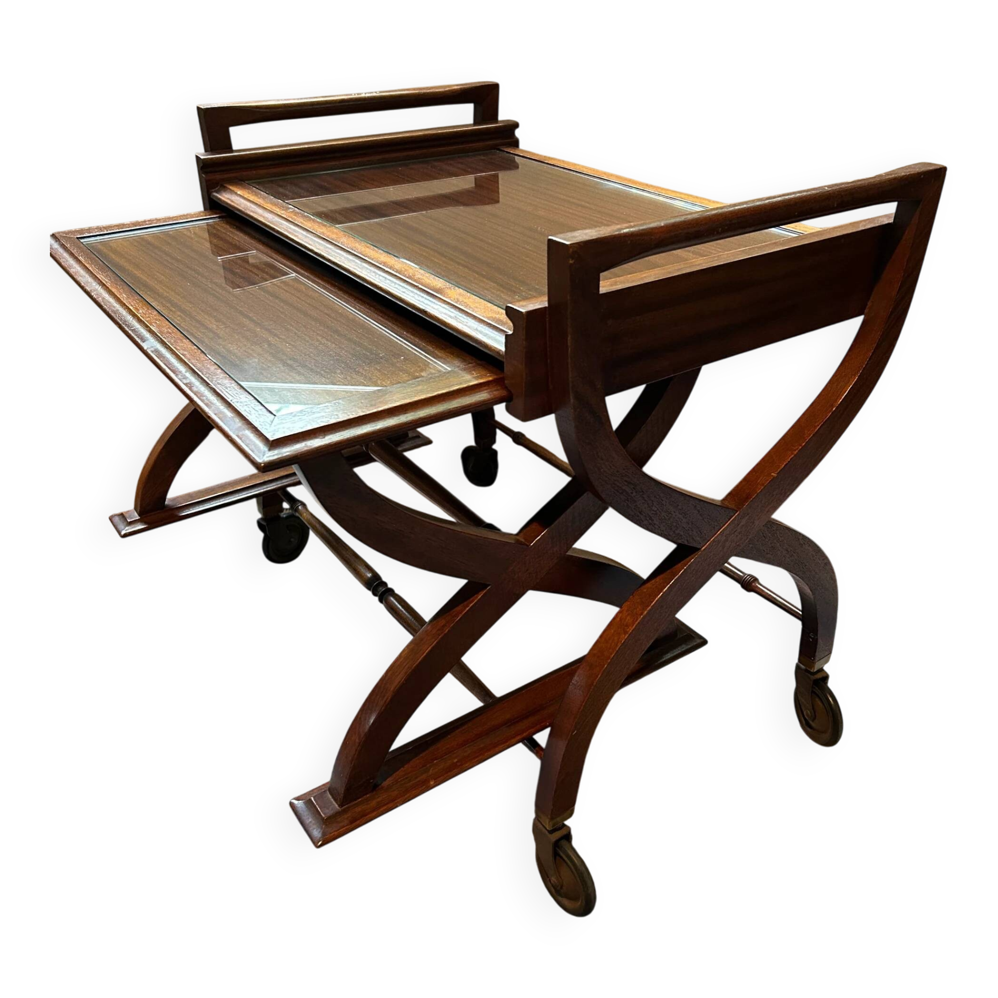 Teak service trolley with nesting table, mid-century modernism.