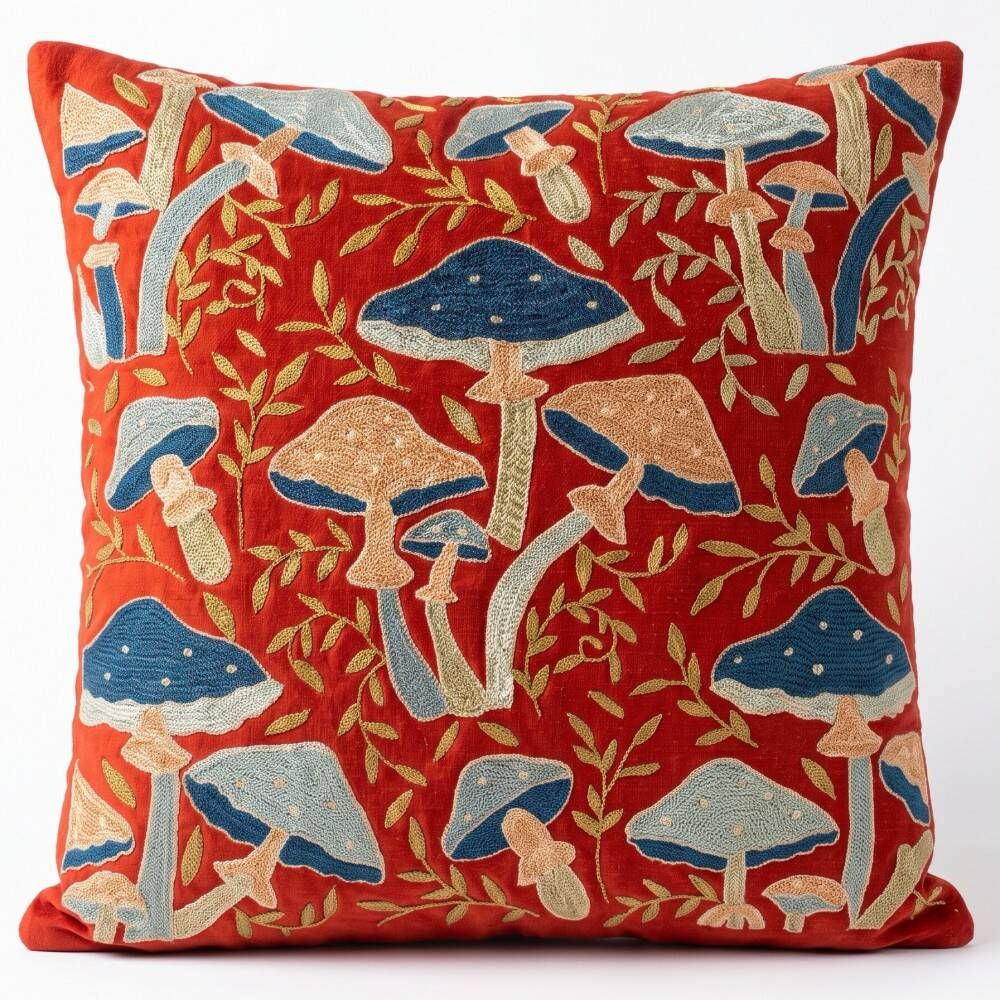 Silk Embroidered Mushroom Pattern Cushion Cover. Red Suzani Throw Pillow Case. Traditional Accent Pillow