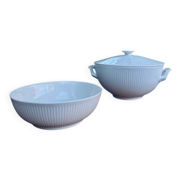 Soupière et grand bol en porcelaine blanche cannelée, Royal Copenhagen
