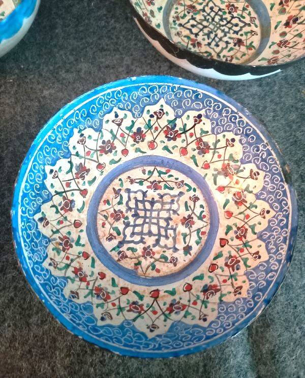 Set of 6 antique enameled copper bowls with Persian decoration