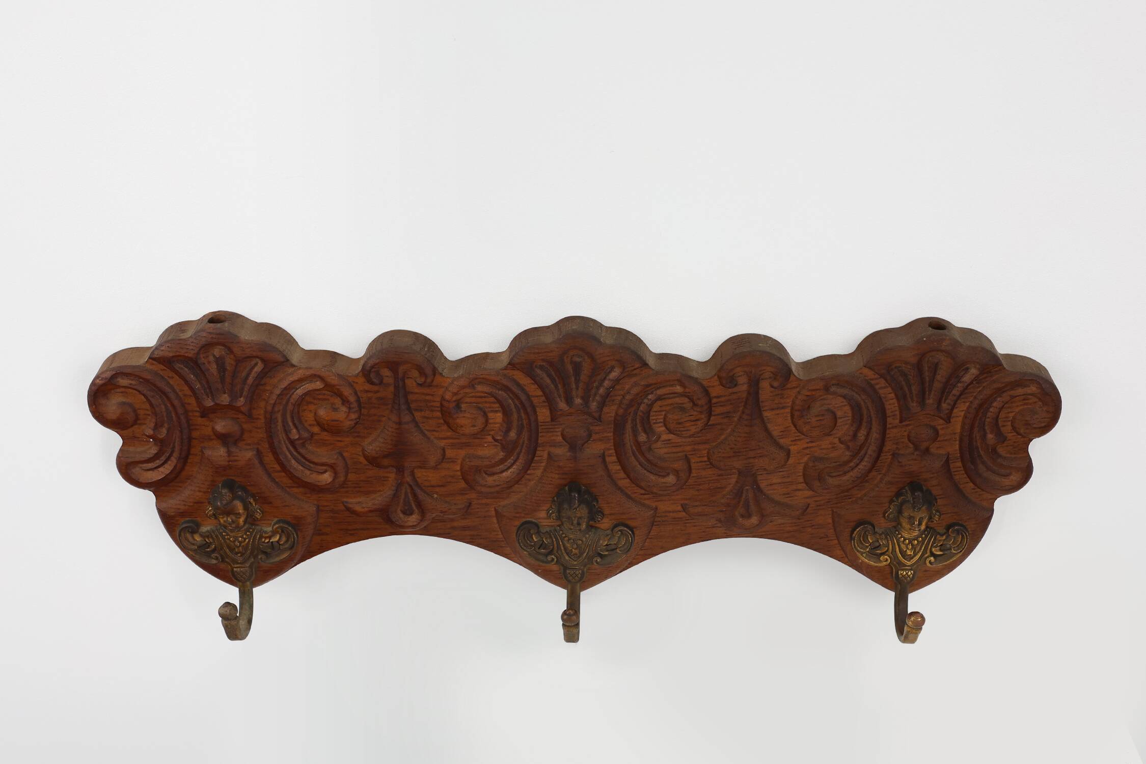 Antique Carved oak Wall mount coat rack with 3 brass angel hooks, France