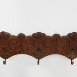 Antique Carved oak Wall mount coat rack with 3 brass angel hooks, France