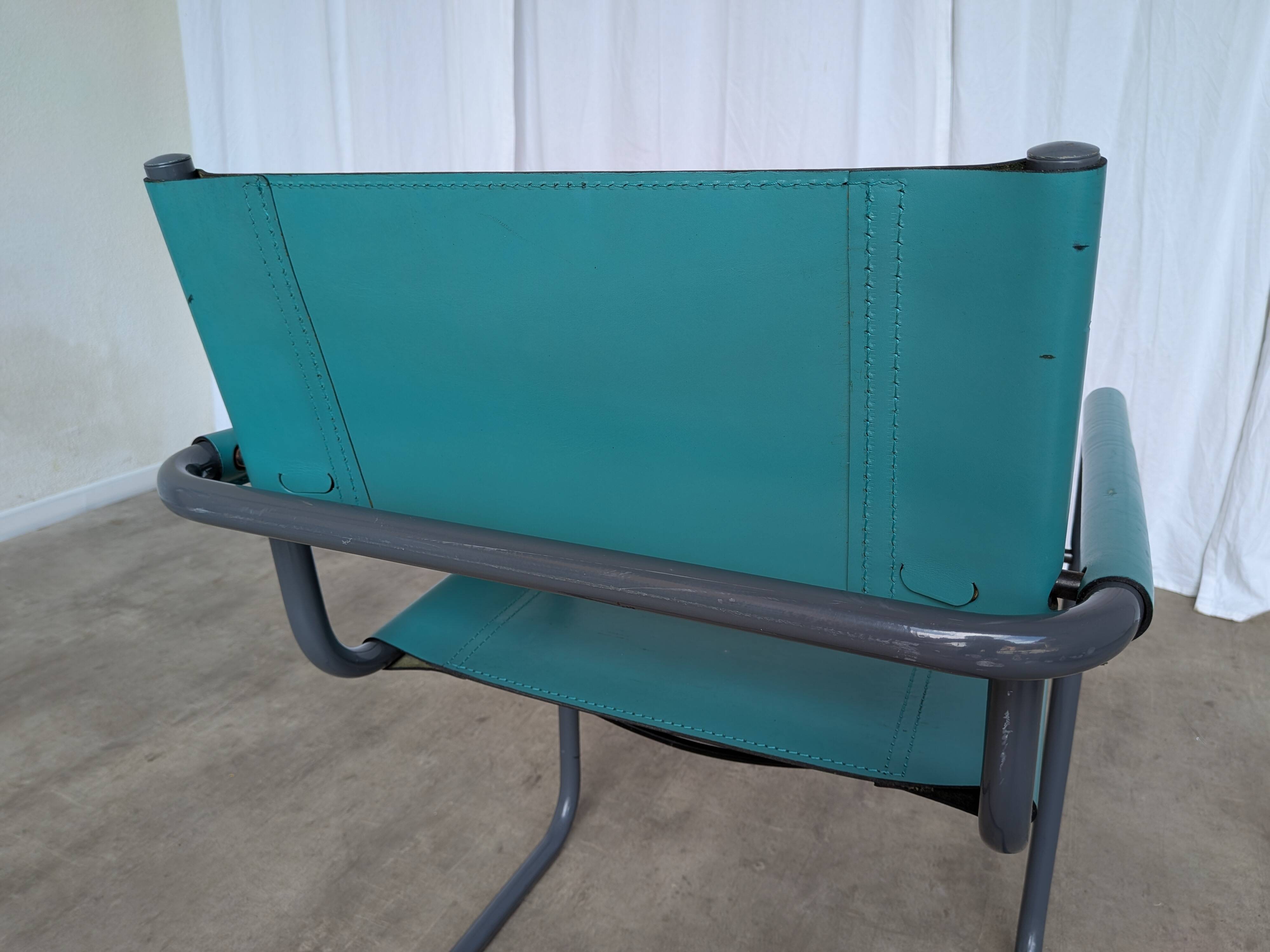 Vintage Mart Stam Style Armchair: Turquoise Leather, Black Chrome Cantileve