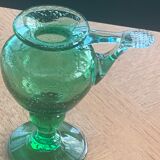 Candle holder, oil lamp in blown glass green glassware of vintage biot signed