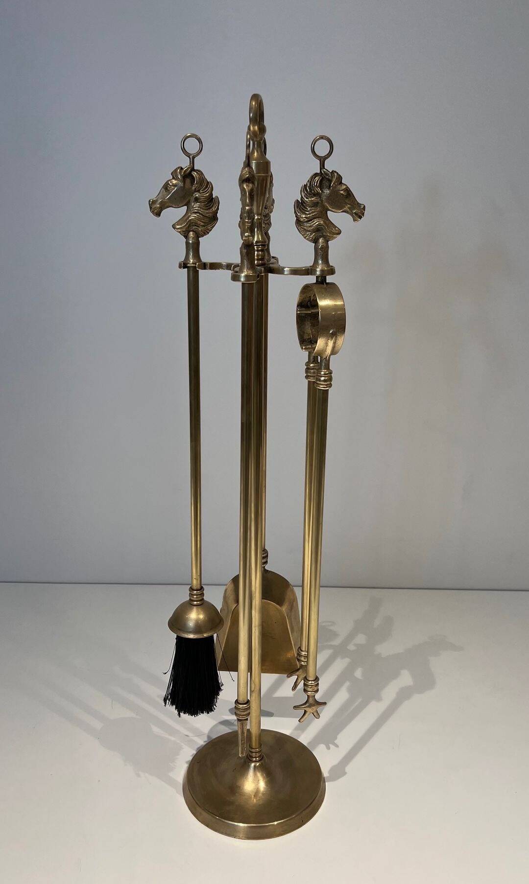 Neoclassical Brass Fire Tool Set with Horse Head Handles, in the