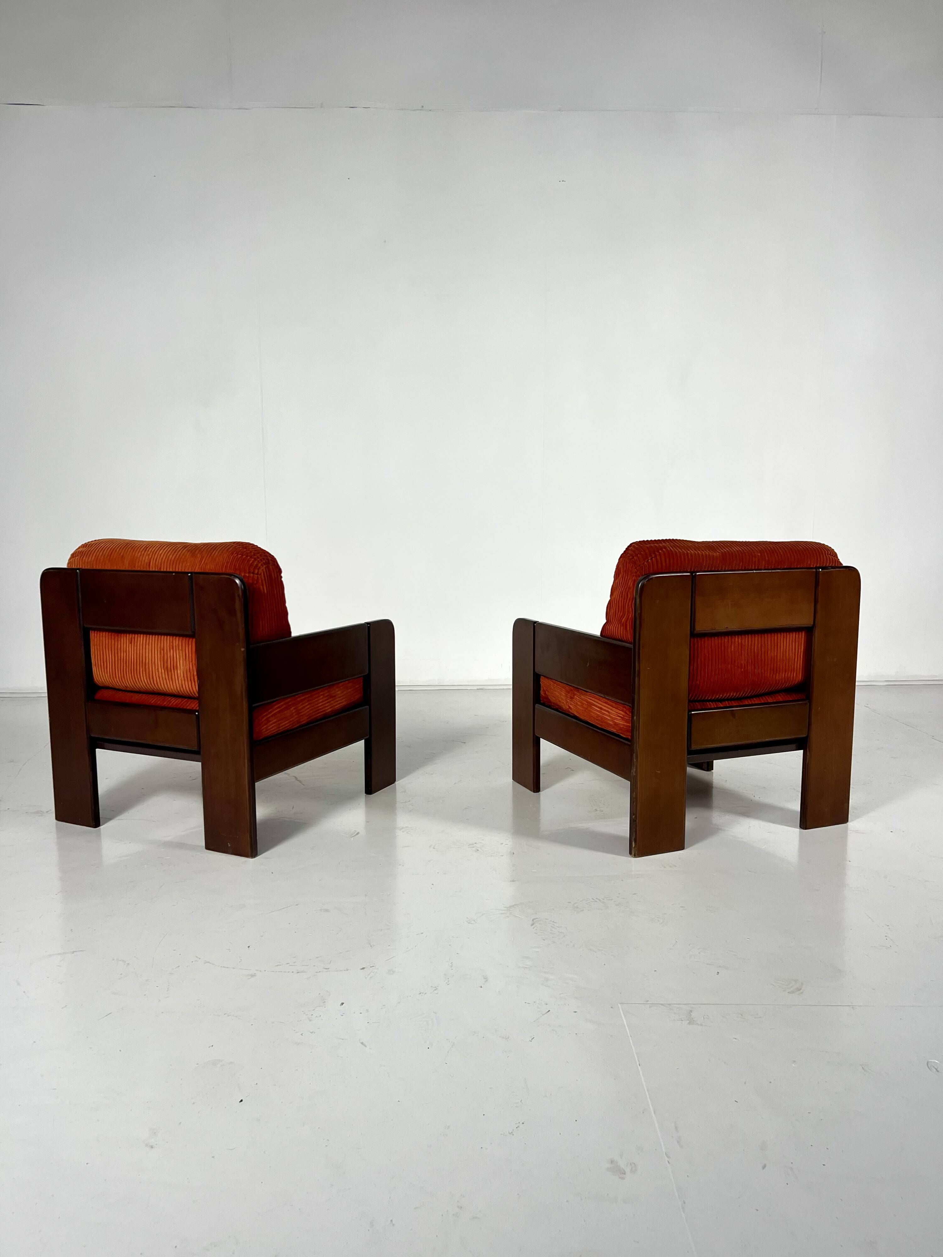 Mid-Century Armchairs, Original Orange Velvet, Italy, 1970s