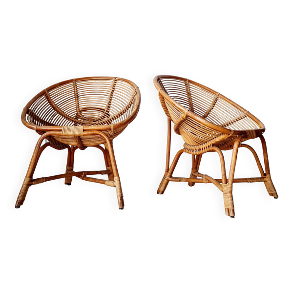 Paire de fauteuils corbeille vintage en rotin – Style Riviera 1960