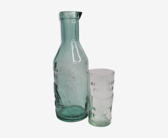 Bouteille de lait vintage et verre assorti, "Absolutely pure Milk", 29 cm |  Selency
