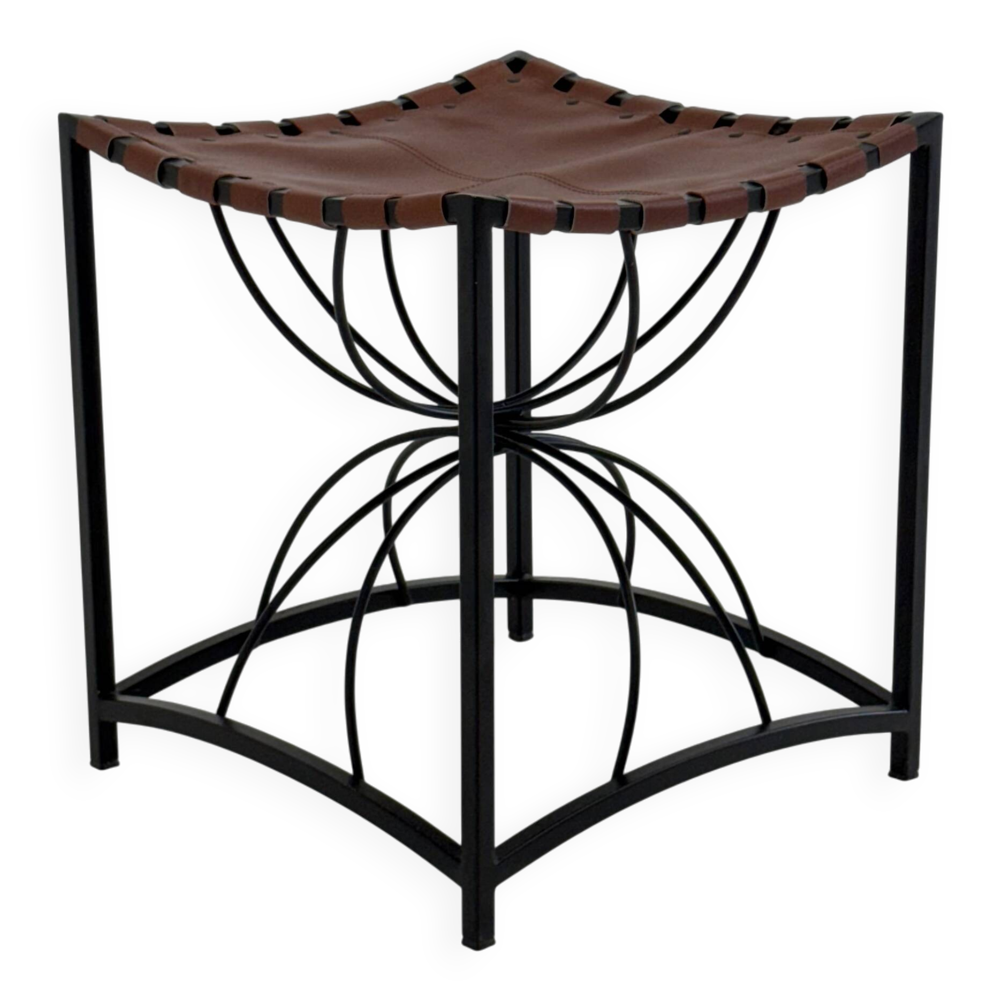 French elegant vintage stool with black metal and brown leather