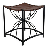 French elegant vintage stool with black metal and brown leather