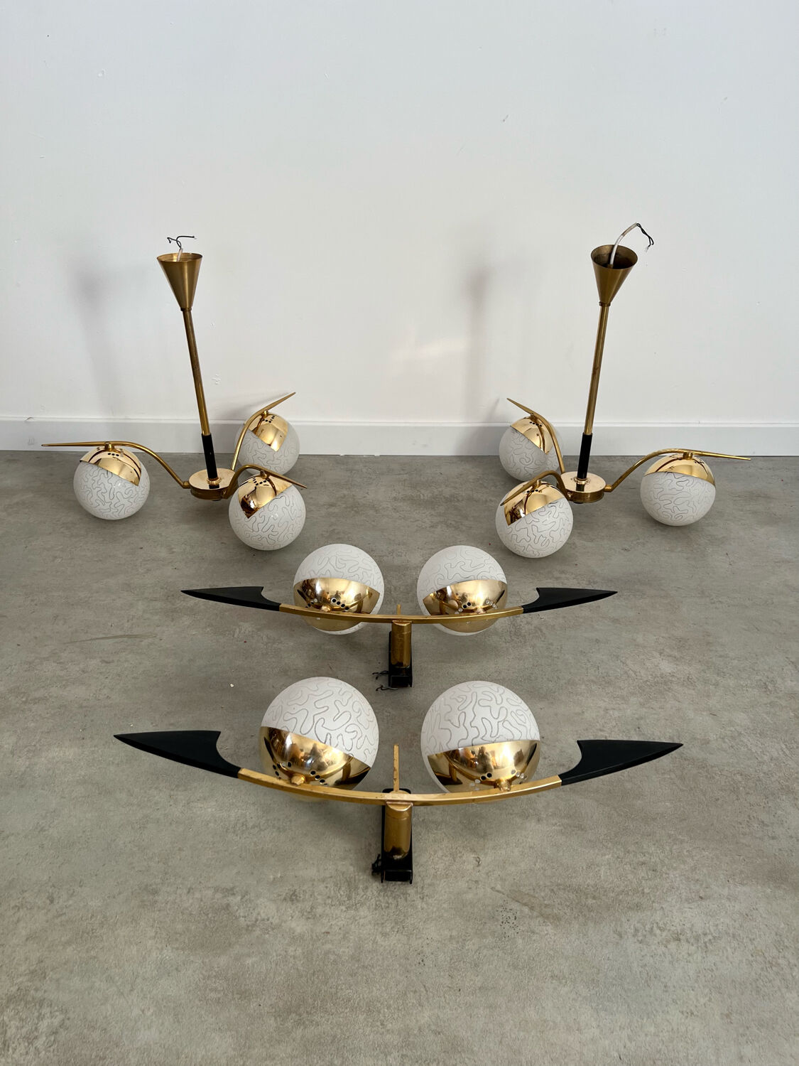 Lot light fixtures and chandeliers design Arlus 50s brass and opaline vintage