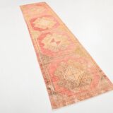 Tapis Couloir Vintage Turc, Rouge Corail, Brun Camel & Beige Géométrique