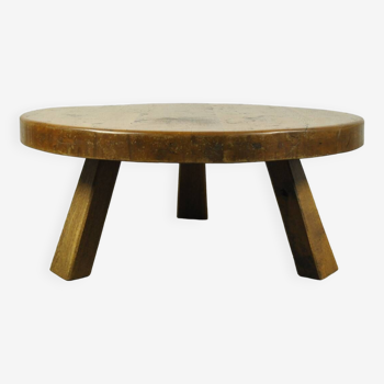 Table basse ronde brutaliste vintage en chêne massif, 1970