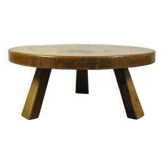 Brutalist vintage massive oakwood round coffee table, 1970s
