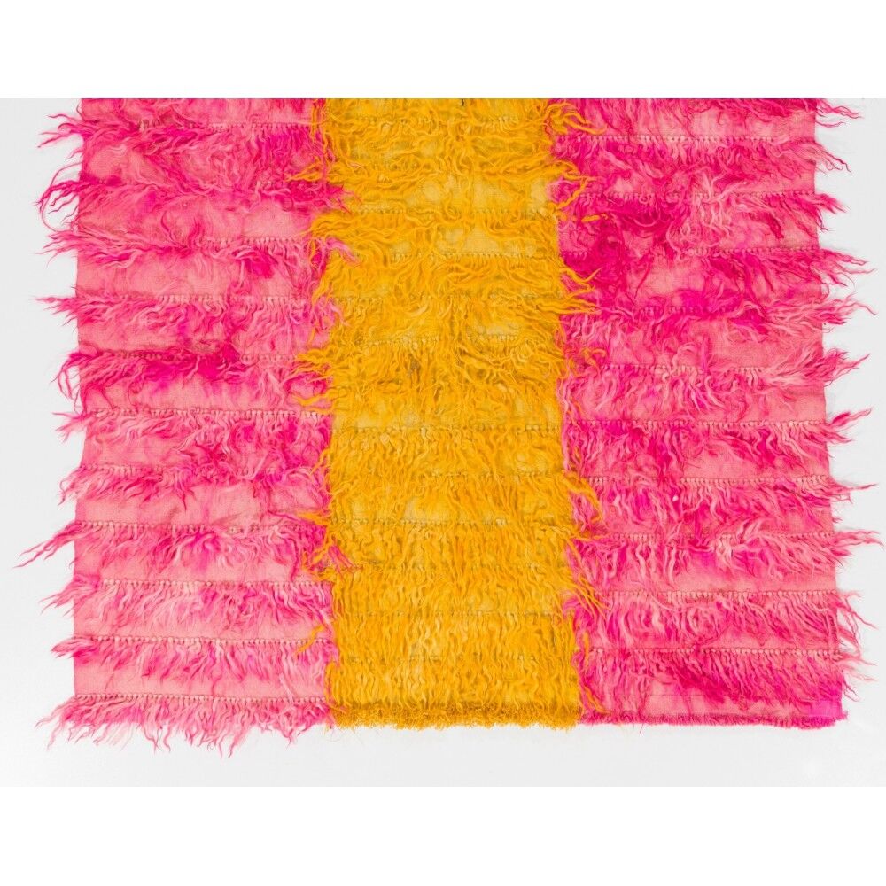 New Hand-Knotted Shag Pile Tulu Rug in Hot Pink and Yellow, 100% Mohair Wool