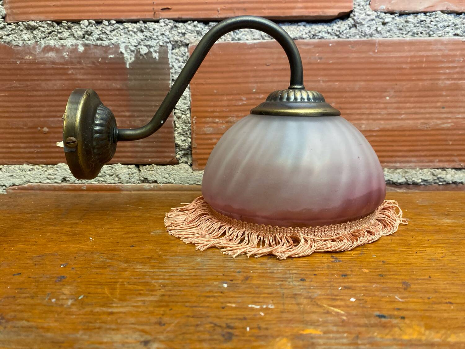 Antique Swan Neck Wall Lamp Gold Metal + Vintage Pink Glass Dome