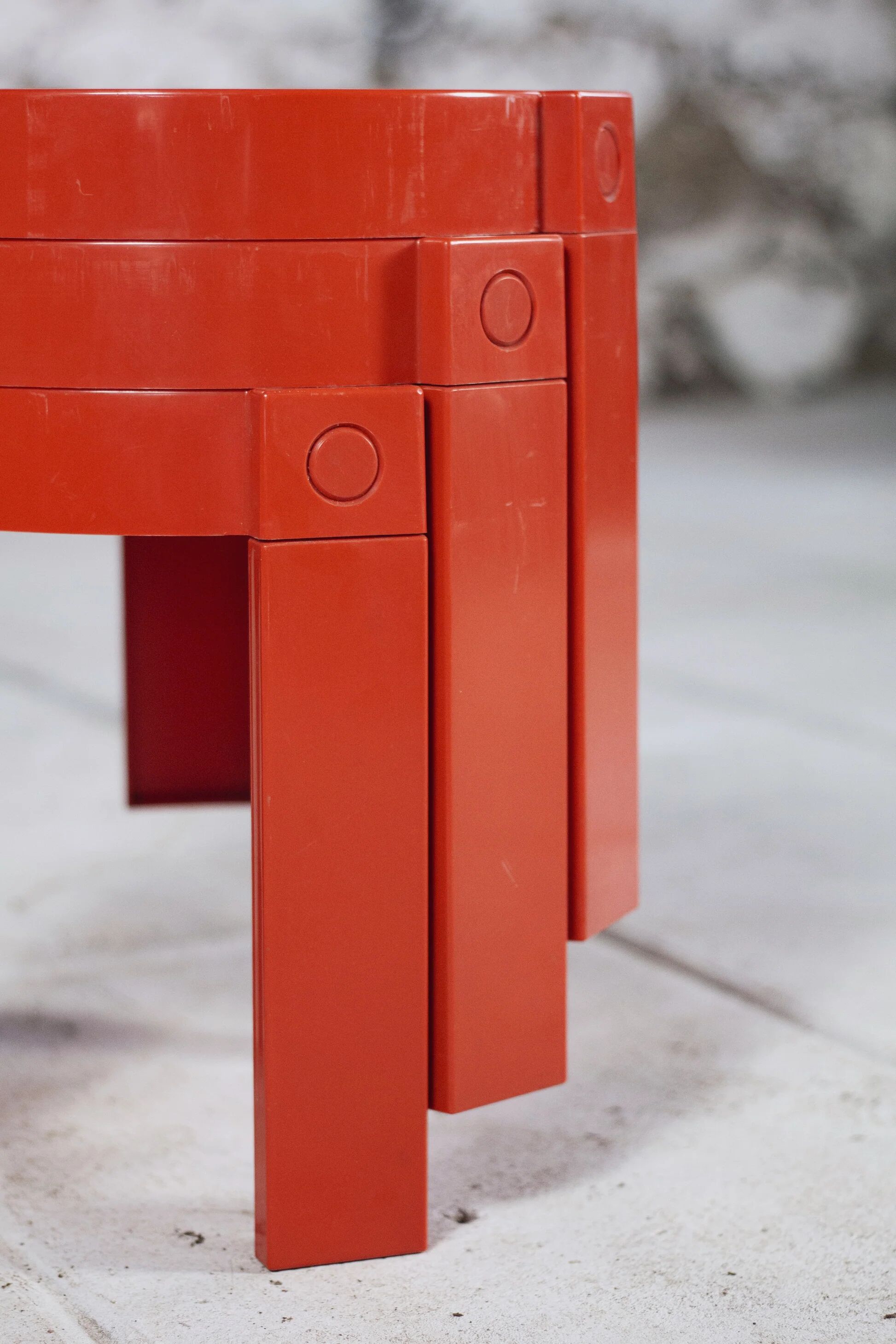 3 nesting tables in orange plastic by Prisunic, 1970.