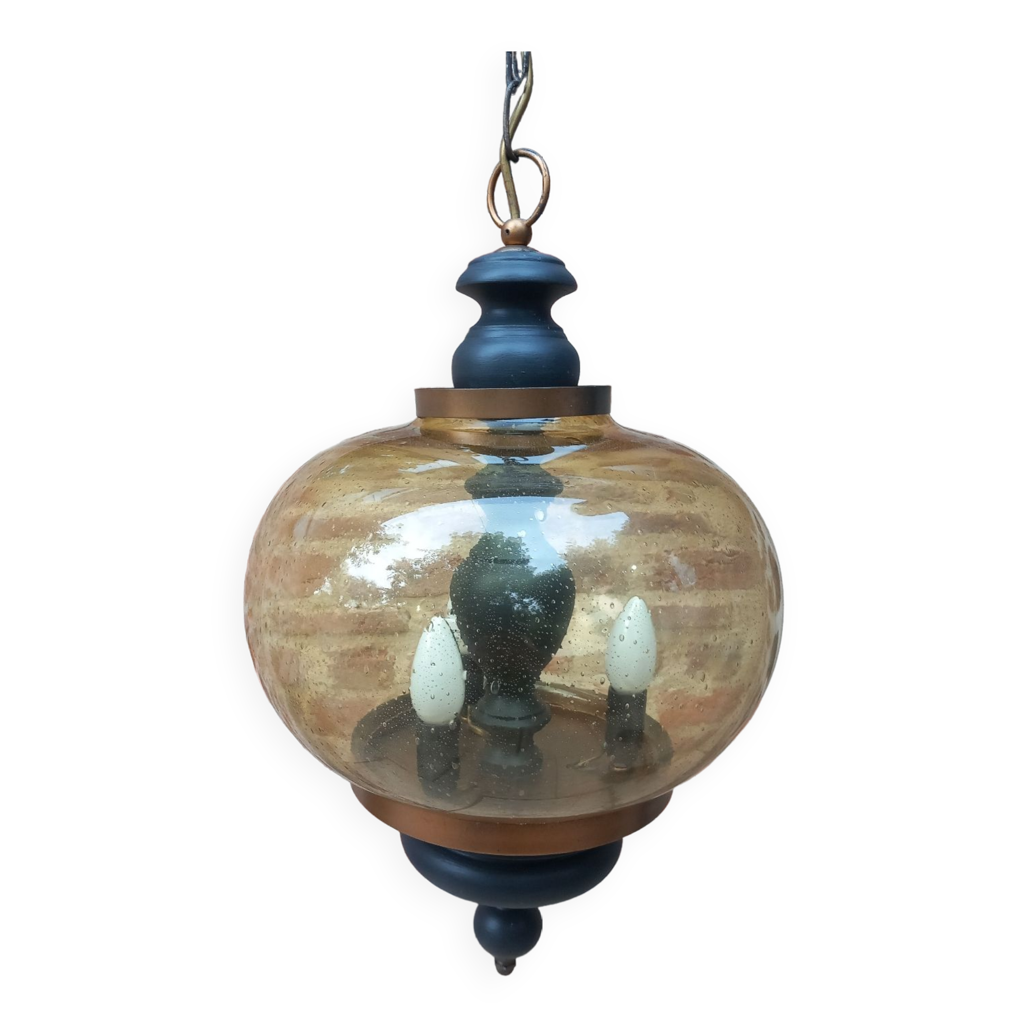 Suspension en bois et verre soufflé