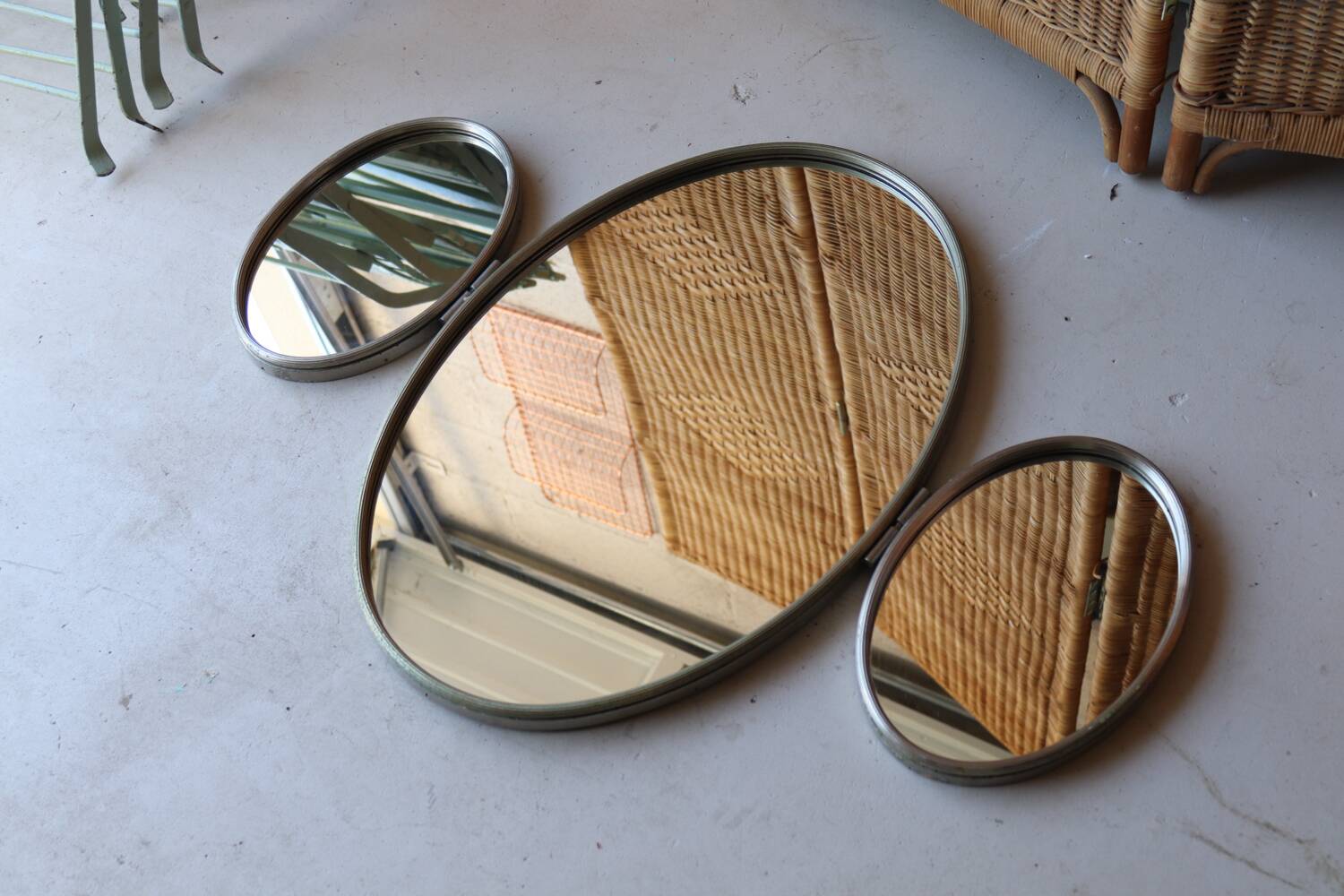 Vintage triptych mirror from a 1950s dressing table in nickel-plated silver.