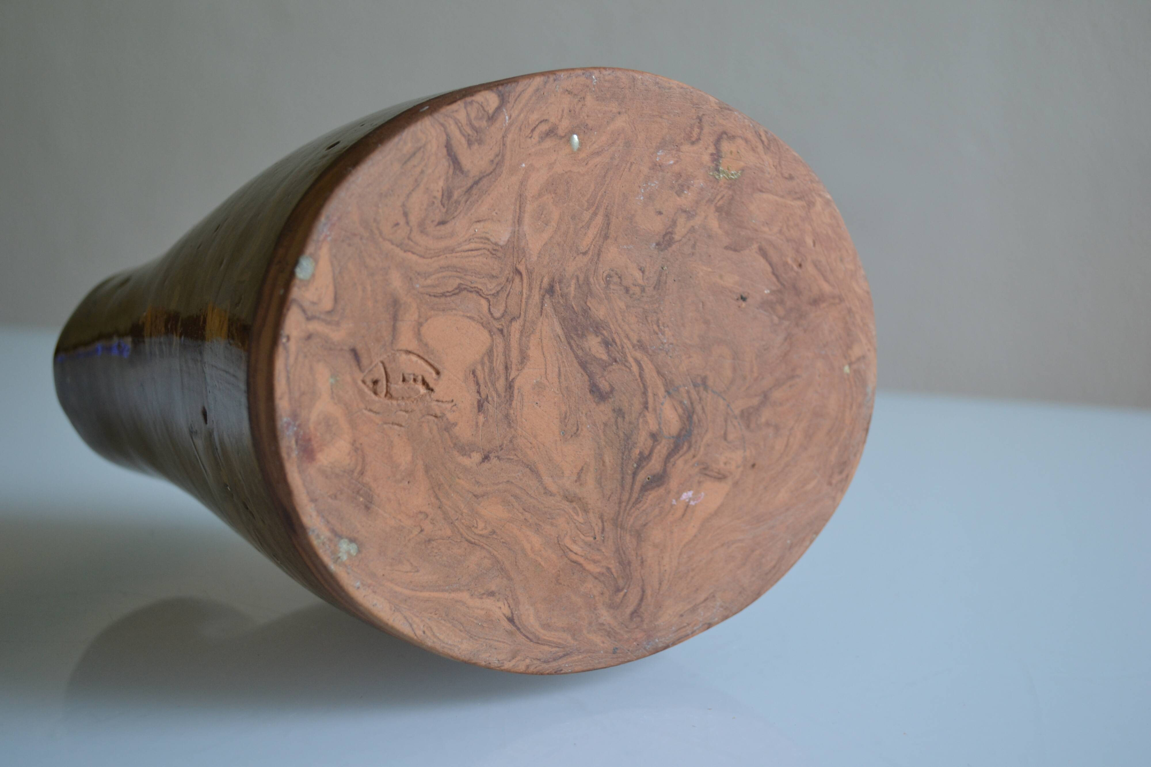 Bottle vase with an off-centre neck in ceramic, signature with a fish to be identified.