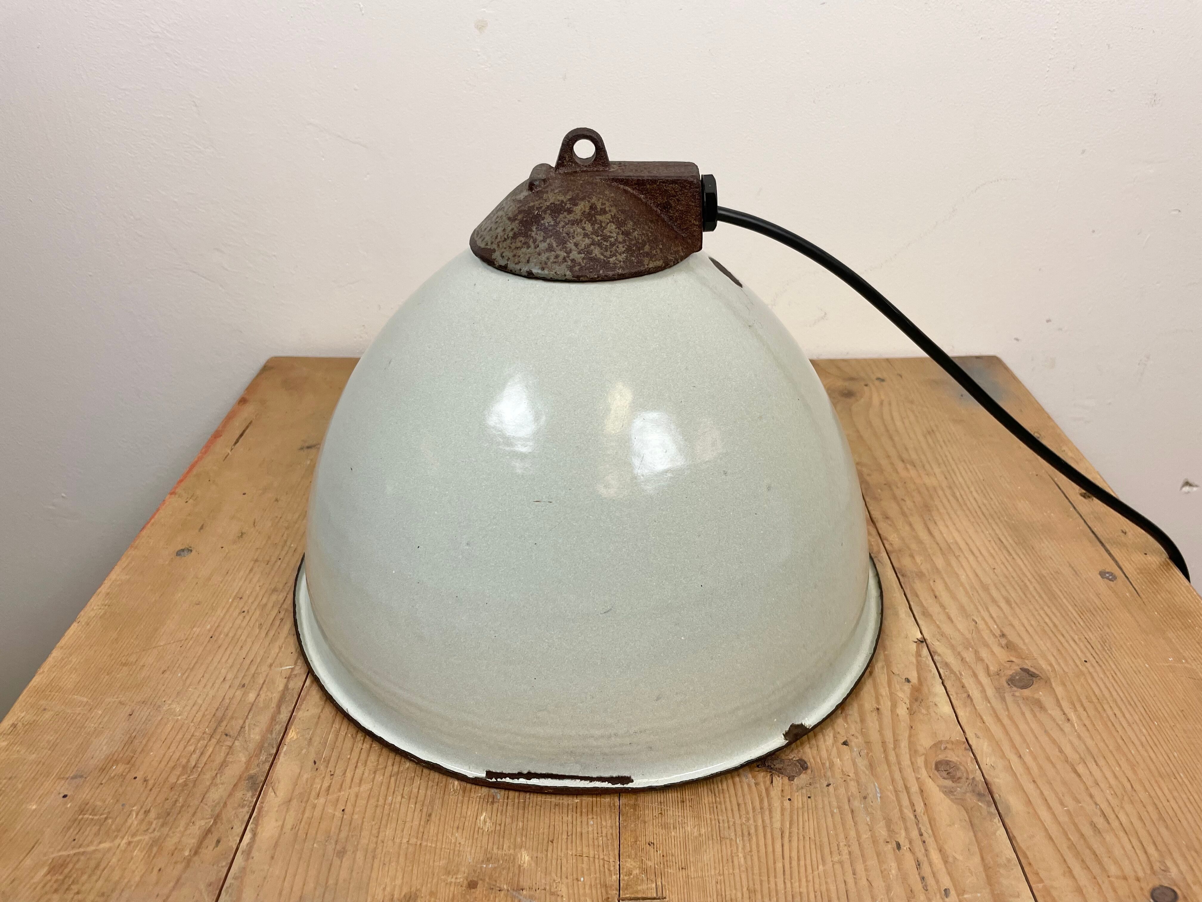 Industrial White Grey Enamel Factory Lamp with Cast Iron Top, 1960s
